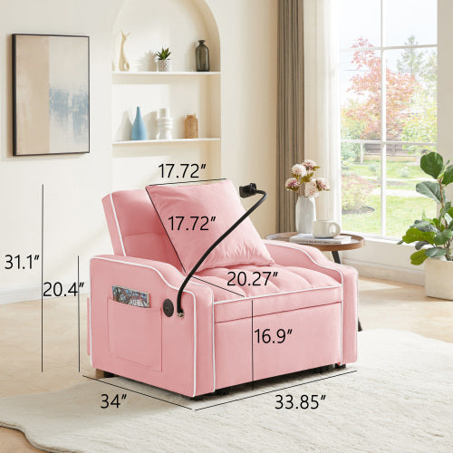 Pink 3-In-1 Convertible Sleeper Chair Bed with USB & Type-C Port