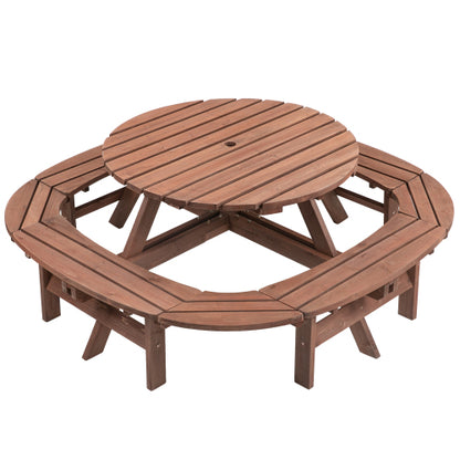10-12-person Round Outdoor Wooden Picnic Table for Patio, Backyard, Garden, DIY with 1 Built-in Ring Stool, 500-lb Weight Capacity - Walnut Brown