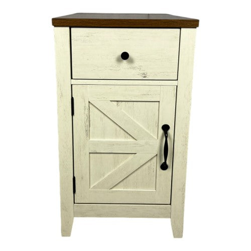 Brown White Farmhouse Nightstand with Charging Station