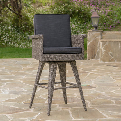 30" Outdoor Wicker Swivel Barstool with Water Resistant Cushion, Mixed Black and Dark Grey