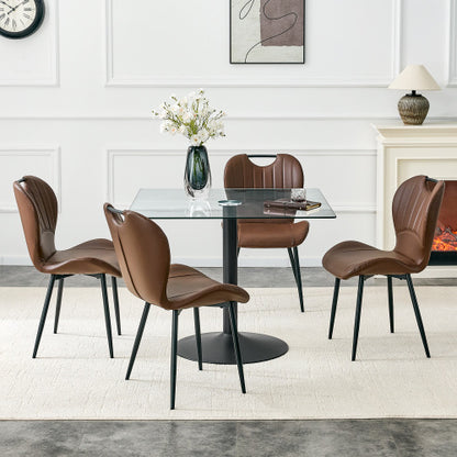 5-Piece Square Glass Dining Set, Single-Column Metal Table & 4 Brown PU Handle Chairs