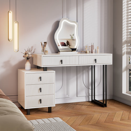 Adjustable-Length Vanity with Cloud LED Mirror - Modern Makeup Table with Storage Drawers & Side Cabinet, Ribbed Texture Design for Bedroom, Dorm & Small Spaces