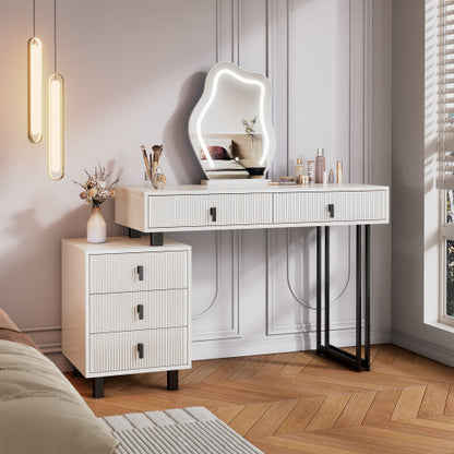 Adjustable-Length Vanity with Cloud LED Mirror - Modern Makeup Table with Storage Drawers & Side Cabinet, Ribbed Texture Design for Bedroom, Dorm & Small Spaces