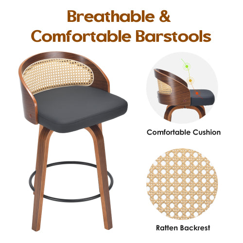 Swivel Bar Stools Set of 2, Modern Wood Frame with Rattan Back, PU Leather Stool for Kitchen Counter, Mid Century Upholstered Barstools with Footrest,Industrial Counter Height Stools