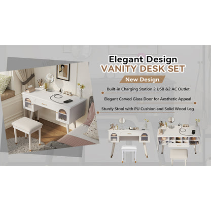 White Multi Purpose Vanity Table & Stool Set, Built in 2 Outlet & 2 USB Charging Port, Carved Glass Cabinet