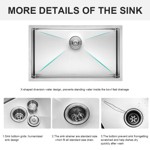 32 Inch Undermount Sink - 32" x 19" x 9" Undermount Stainless Steel Kitchen Sink 16 Gauge 9 Inch Deep Single Bowl Kitchen Sink Basin, Includes Drain Assembly (No Additional Accessories)