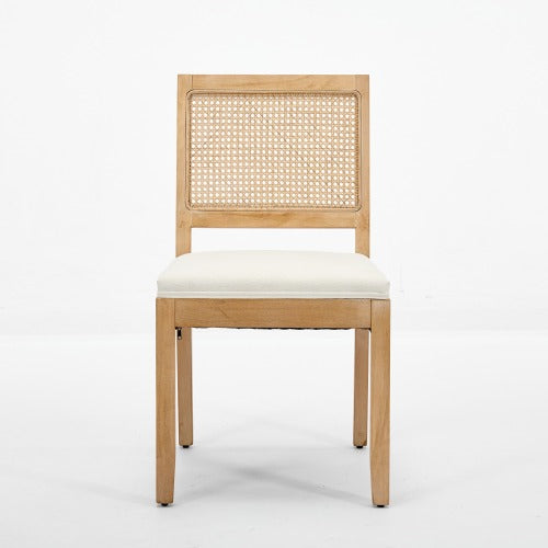 Set of 2 Beige Farmhouse Cane Rattan Dining Chairs, Distressed Solid Hardwood Frame Linen Upholstered Side Chairs 300 LBS Load