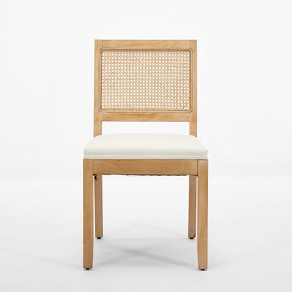 Set of 2 Beige Farmhouse Cane Rattan Dining Chairs, Distressed Solid Hardwood Frame Linen Upholstered Side Chairs 300 LBS Load