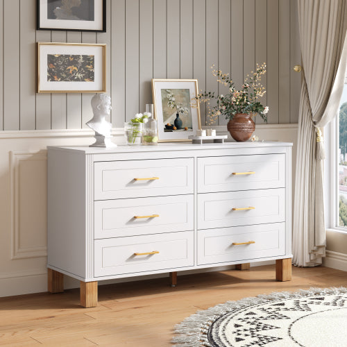 White 6 Drawer Double Dresser Modern Storage Cabinet with Metal Handles Solid Wood Legs