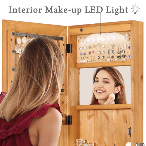 Solid Wood Jewelry Armoire Organizer Cabinet with Full-Length Mirror, 47.5x14.3 in Wall-Mounted Lockable with LED Light