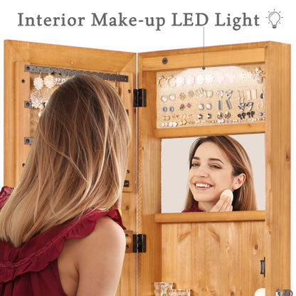 Solid Wood Jewelry Armoire Organizer Cabinet with Full-Length Mirror, 47.5x14.3 in Wall-Mounted Lockable with LED Light