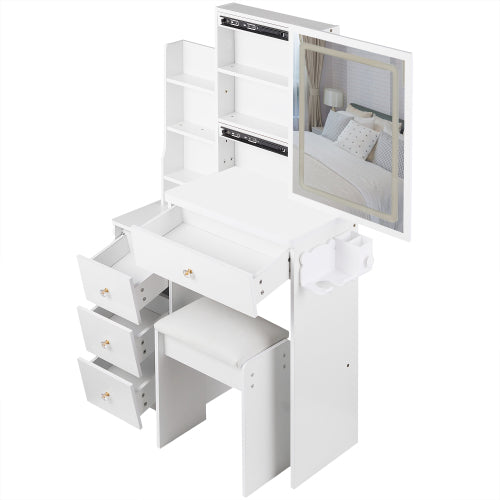 29.2" Small Size Left Bedside Cabinet Vanity Table + Cushioned Stool, 2 AC+2 USB Power Station, Hair dryer bracket, Extra Large Touch Control Sliding LED Mirror, Tri-color Switching, Brightness Adjust