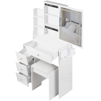 29.2" Small Size Left Bedside Cabinet Vanity Table + Cushioned Stool, 2 AC+2 USB Power Station, Hair dryer bracket, Extra Large Touch Control Sliding LED Mirror, Tri-color Switching, Brightness Adjust