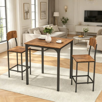 3-Piece Walnut & Black Industrial Dining Set, Square MDF Table & 2 Space-Saving Stools