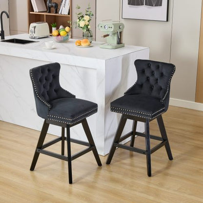 Swivel Velvet Barstools with Button Tufted Decoration and Wooden Legs, and Chrome Nailhead Trim, Leisure Style Bar Chairs,Bar stools, Set of 2 (Black)