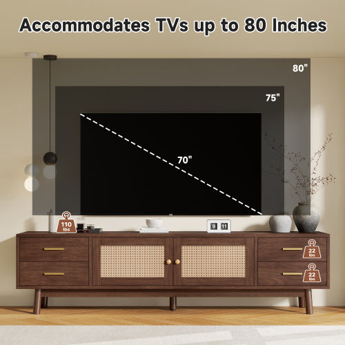 70.87 inch Dark Brown PE Rattan TV Stand 4 Drawer Pine Leg Media Console Fits Up To 80 Inch TV