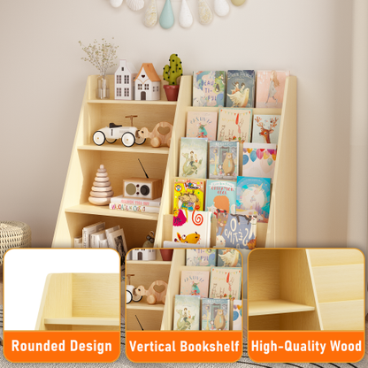 Natural Tone 4-Tier Kids MDF Bookshelf with Anti-Tip Kit, 2-Shelf 1-Bin Nursery Toy Storage Rack