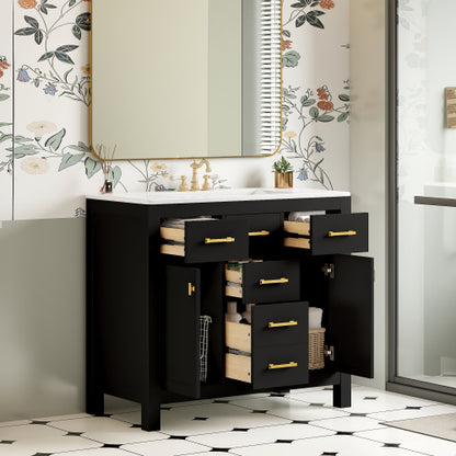 36'' Bathroom Vanity with Ceramic Sink Combo Set,Modern Freestanding Single Bathroom Cabinet with 4 Drawers & 2 Cabinets,Storage Cabinet for Bathroom, Solid Wood Frame Vanity Set, Black