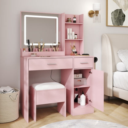 Lavin Pink Makeup Vanity Set with LED Mirror, Charging Station, Stool, 2 Drawers, Open Shelves & Storage Cabinet