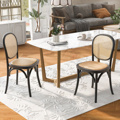 Set of 2 Vintage Rattan Dining Chairs, Birch Solid Wood Frame No Assembly Required