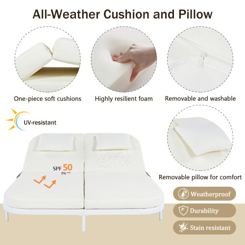 TREXM Outdoor Daybed, Patio Rattan Daybed with 5-Position Adjustable Backrest and Removable Cushions&Pillows, Iron Frame Outdoor Bed Loveseat for Garden, Backyard, Poolside (White Frame+Beige Cushion)