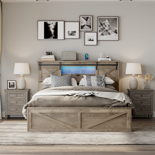 Farmhouse Bed Frame Queen Size with LED Lights and Charging Station, Wooden Queen Bed with 2 Storage Drawers, Rustic Headboard with Sliding Barn Door Storage Cabinets
