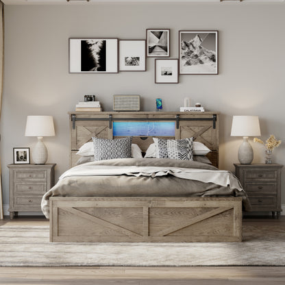 Farmhouse Bed Frame Queen Size with LED Lights and Charging Station, Wooden Queen Bed with 2 Storage Drawers, Rustic Headboard with Sliding Barn Door Storage Cabinets