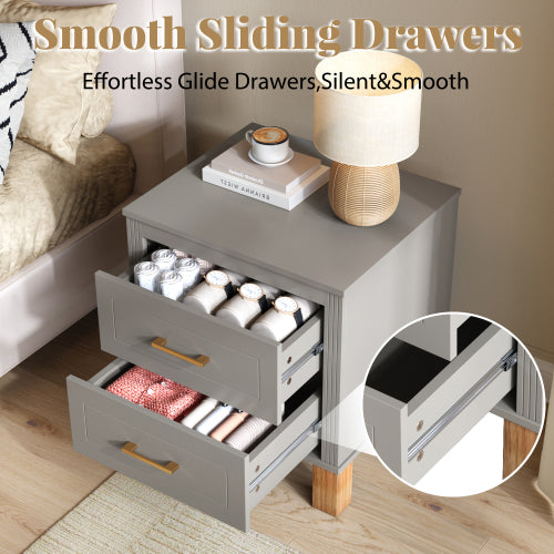 Gray Fluted Nightstand, 2-Drawer Bedside Table with Metal Handles & Solid Wood Legs