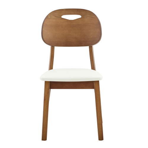 Set of 2 Walnut Solid Wood Dining Chairs, Curved Hollow Back with White PU Cushion