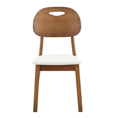 Set of 2 Walnut Solid Wood Dining Chairs, Curved Hollow Back with White PU Cushion