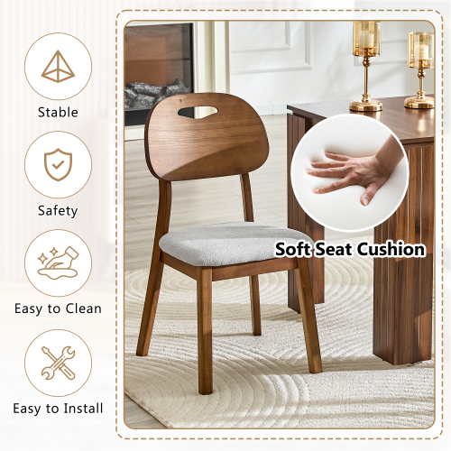 Set of 2 Walnut Solid Wood Dining Chairs, Hollow Back Chairs with Gray Fabric Cushion