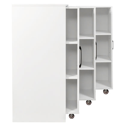 3-Tier Freestanding Pull-Out Door Mobile Bookcase Multi-Grid Storage Cabinet with Universal Wheels