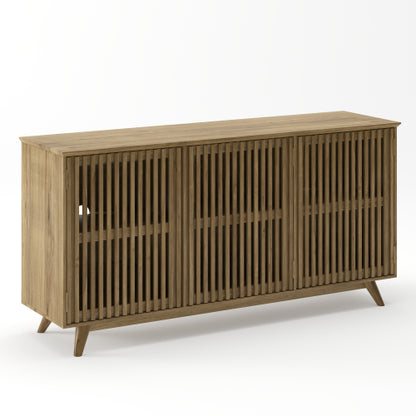 58.86 Inch Solid Knot-Free Pine Mid-Century TV Stand with Adjustable Shelf & Push-to-Open Doors
