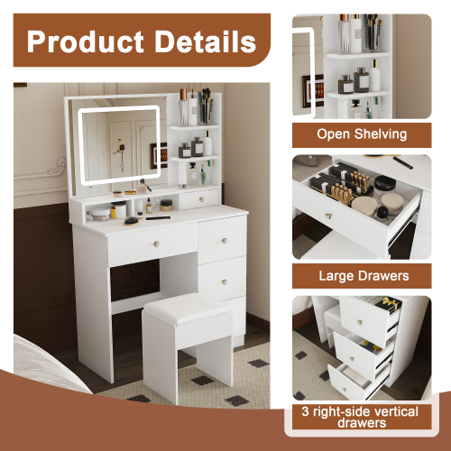 Fashion Vanity Desk w/ 3-Color Dimmable LED Mirror, 4 Silent Sliding Drawers, Open Storage Shelf, White