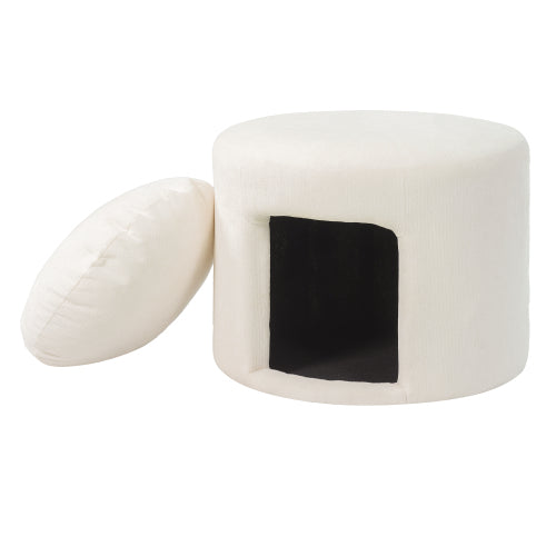 23.6 inch Round Beige Pet-Friendly Ottoman with Hidden Pet Nook, Acacia Legs, 220 LBS Weight Capacity