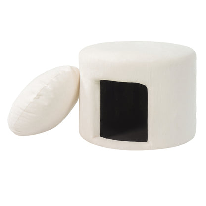 23.6 inch Round Beige Pet-Friendly Ottoman with Hidden Pet Nook, Acacia Legs, 220 LBS Weight Capacity