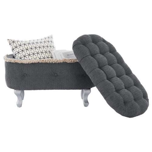 Grey Fringed Button Tufted Storage Ottoman Bench, 29.5 Inch End of Bed Shoe Stool for Bedroom Entryway