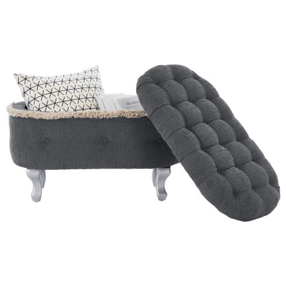 Grey Fringed Button Tufted Storage Ottoman Bench, 29.5 Inch End of Bed Shoe Stool for Bedroom Entryway