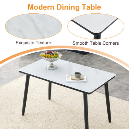 Marble Pattern Glass Dining Table with Black Tapered Metal Legs
