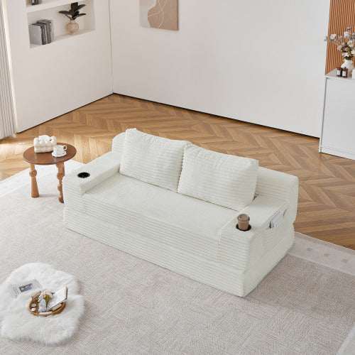 70.8-inch corduroy two-in-one sofa bed, featuring a lounge chair with two throw pillows, built-in cup holders in the armrests, and side storage pockets-ideal for living rooms, bedrooms, and relaxation