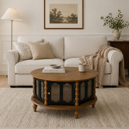 31.5inch  Round Wooden Coffee Table with Glass Doors, Walnut & Black