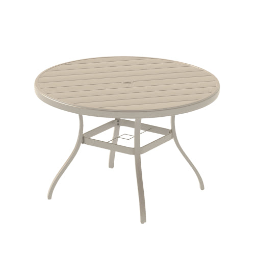 Outdoor Round Patio Dining Table for 6-7, All Weather Metal Dining Table with Umbrella Hole for Deck Lawn Garden Backyard, Sandstone Color