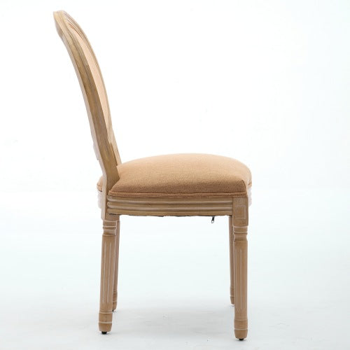 Set of 2 Tan French Solid Wood Antique Painted Linen Dining Chairs, Carved Frame 300 LBS Weight Limit