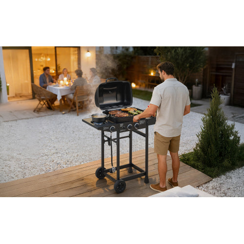 2 Burner BBQ Propane Gas Grill with Side Burner 24000 BTU Output Stainless Steel Barbecue Grill with Enameled Grates and Side Tables for Outdoor Cooking Kitchen and Patio Backyard