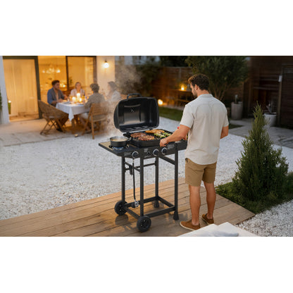 2 Burner BBQ Propane Gas Grill with Side Burner 24000 BTU Output Stainless Steel Barbecue Grill with Enameled Grates and Side Tables for Outdoor Cooking Kitchen and Patio Backyard