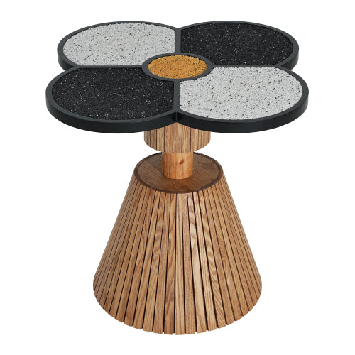 Four-Leaf Clover Decorative Side Table, Stone Texture Top Wood-Grain Base Accent Table
