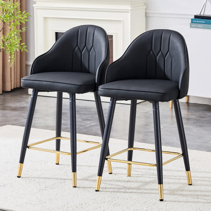 Set of 2 Black PU Leather Bar Stools: 37.7inch High, 25inch Seat Height, Gold Accent Footrest, Ideal for Kitchen Island, Home Bar & Dining Area, Available in Light Gray, White & Dark Gray Splicing Colors.
