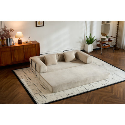 Beige Corduroy Convertible Sleeper Sofa Bed with Cylindrical Pillow