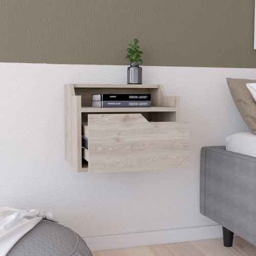 Light Gray Dual-Tier Floating Nightstand with Drawer