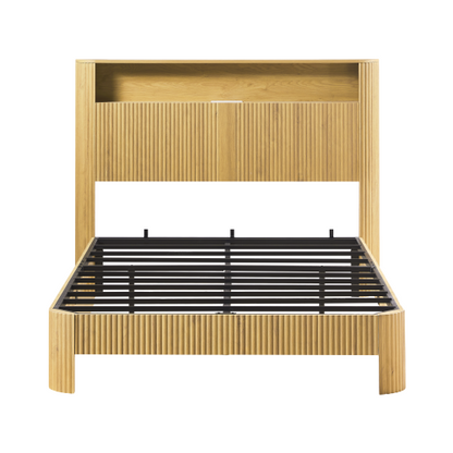 Full Extra Long(Full XL) Size bed frame with storage headboard, built-in charging station, wavy curved lines design, silent operation, metal support, Natural